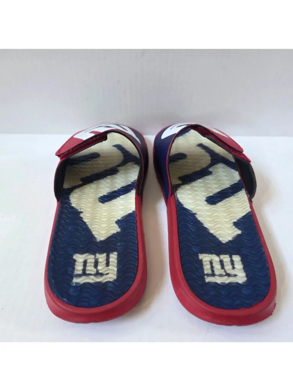 New York Giants Slides Mens 11 / 12 Red Blue Big Logo Gel Sandals Flip Flops